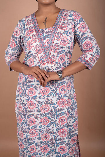 Blue & Pink Handblock Print Kurta & Pants Set